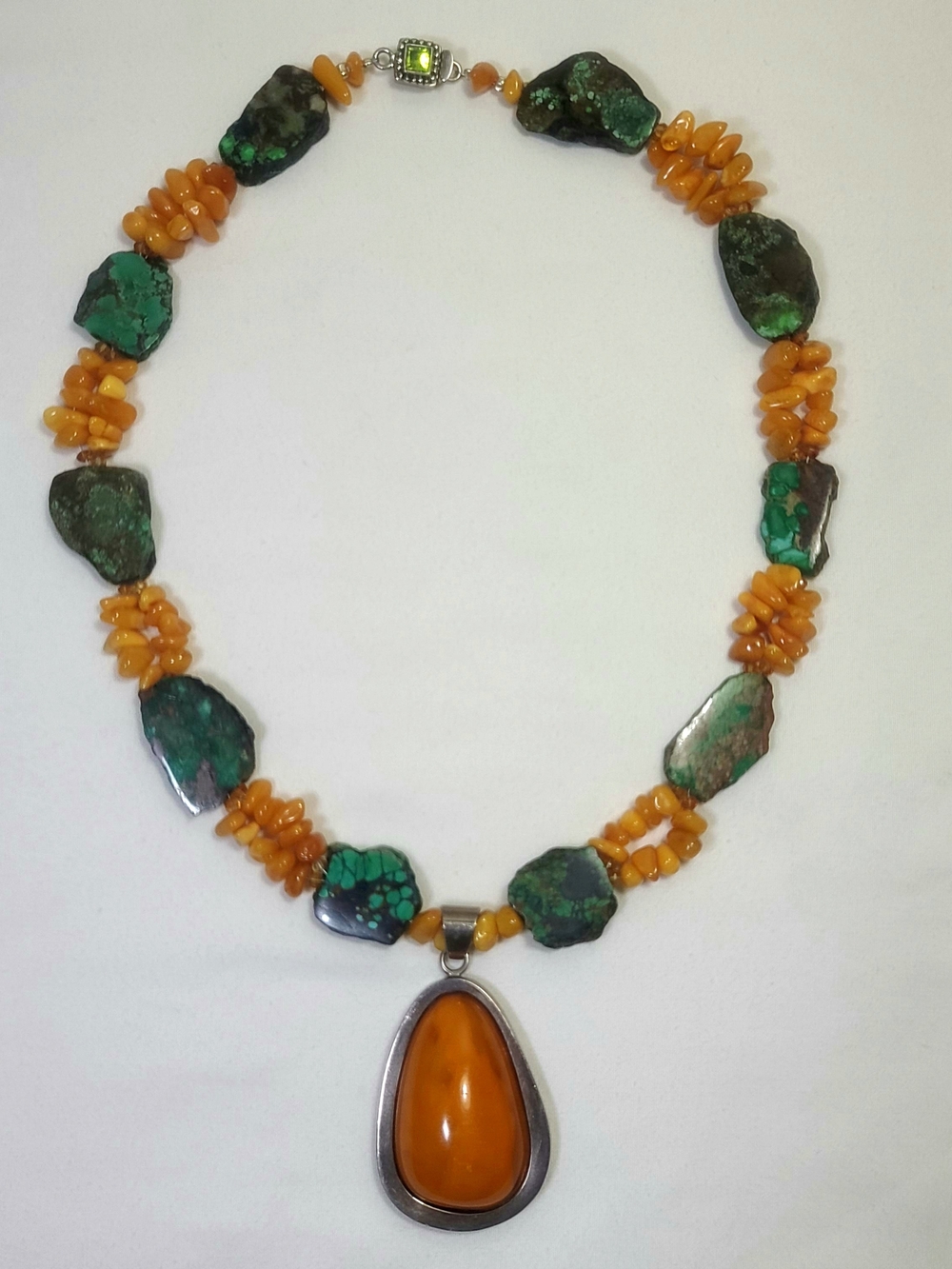 Egg Yolk Butterscotch Baltic Amber & Turquoise Sterling Silver Pendant Necklace